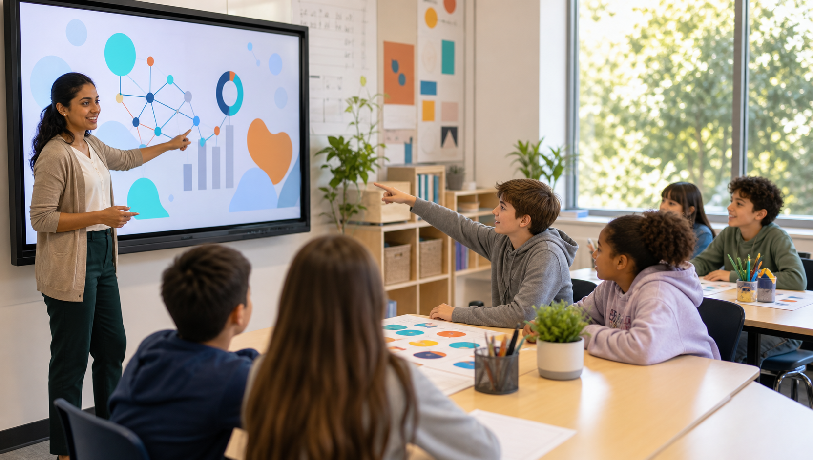 Teacher leading students through an interactive online learning presentation